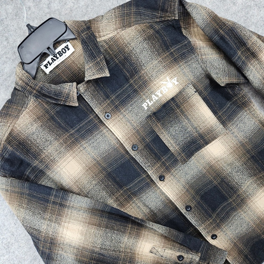 Playboy PacSun Flannel Shirt Men's Medium Brown Plaid Bunny Logo Button Up Fall